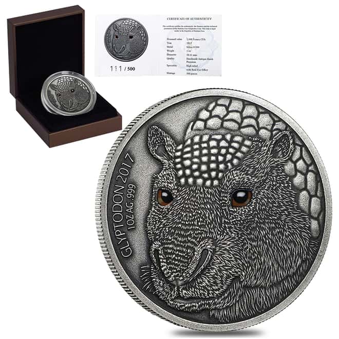 2017 1 oz Silver Glyptodon Burkina Faso Antiqued Coin (w/Box & COA)