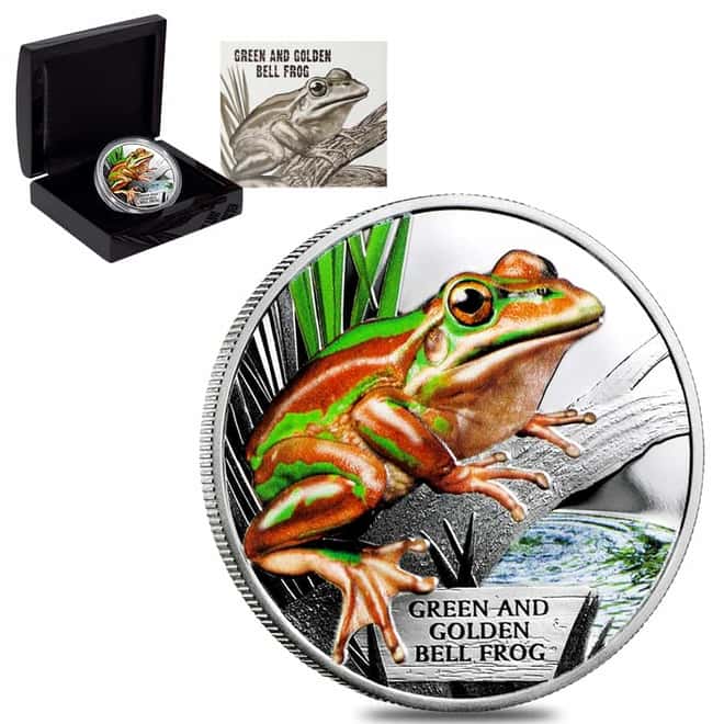 2017 1 oz Tuvalu Green and Golden Bell Frog Colorized Proof Silver Coin (w/Box & COA)