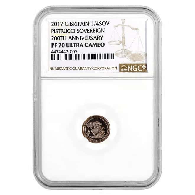 2017 Great Britain Proof Gold 1/4 Sovereign NGC PF 70 UCAM Pistrucci 200th Ann