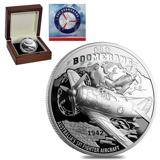 2017 Niue 1 oz Proof Silver CAC Boomerang Fighter Aircraft Coin (w/Box & COA)