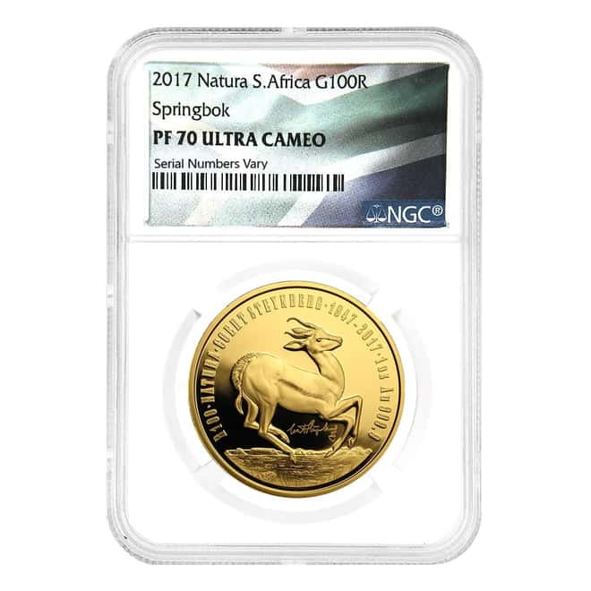 2017 South Africa 1 oz Natura Springbok Proof Gold Coin NGC PF 70 UCAM Coert Steynberg Privy