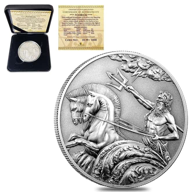 2017 Tokelau 1 oz Silver Poseidon Antiqued High Relief Coin (w/Box & COA)