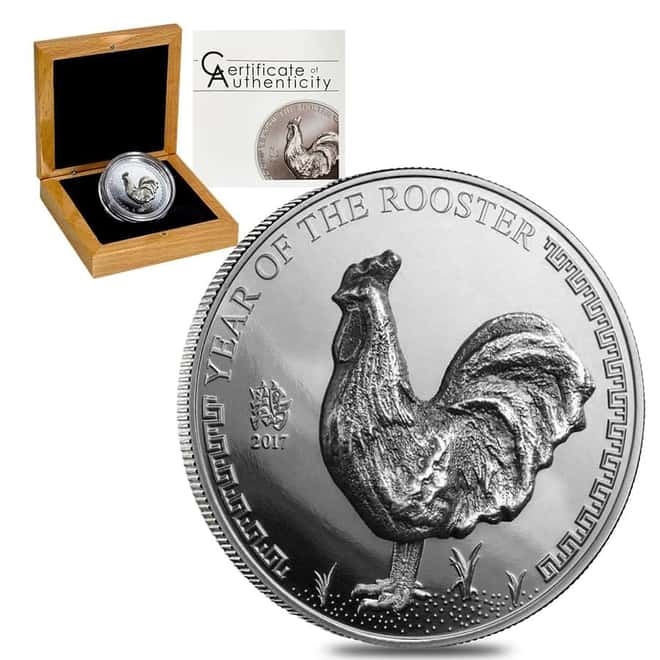2017 Mongolia 25 gram Silver Lunar Year of the Rooster High Relief Coin (w/Box & COA)