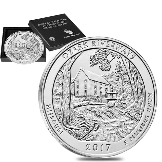 2017-P 5 oz Silver America the Beautiful ATB Missouri Ozark National Scenic Riverways Unc Coin (w/Box & COA)