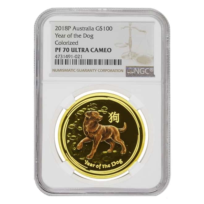2018 1 oz Colorized Proof Gold Lunar Year of The Dog Australia Perth Mint NGC PF 70 UCAM