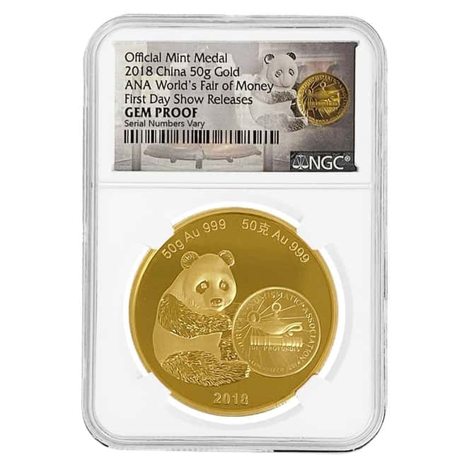 2018 50 gram Proof Gold Chinese Panda ANA World's Fair of Money Medal NGC Gem Proof