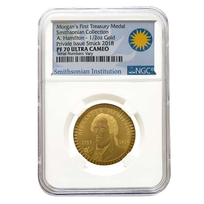2018 1/2 oz Proof Gold Morgan's First Treasury Medal Hamilton NGC PF 70 UCAM (w/Box & COA)