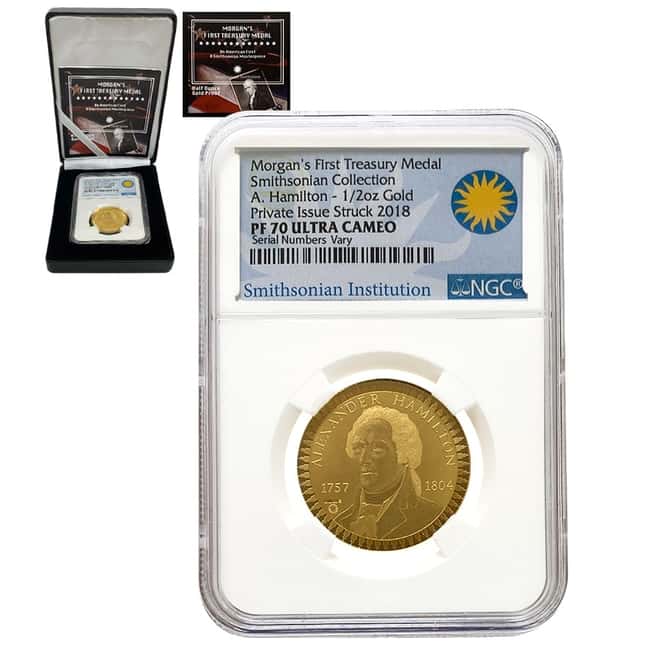 2018 1/2 oz Proof Gold Morgan's First Treasury Medal Hamilton NGC PF 70 UCAM (w/Box & COA)