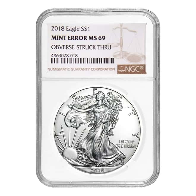 2018 1 oz Silver American Eagle NGC MS 69 Mint Error (Obv Struck Thru)