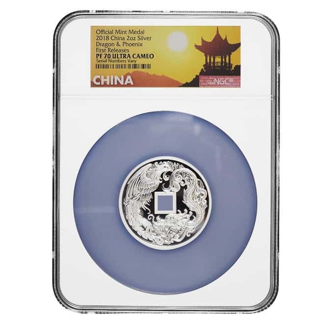 2018 2 oz Proof Silver Chinese Dragon and Phoenix Official Mint Medal NGC PF 70 UCAM FR