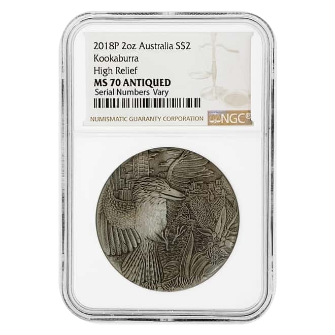 2018 2 oz Silver Australian Kookaburra High Relief Antiqued Coin Perth Mint NGC MS 70