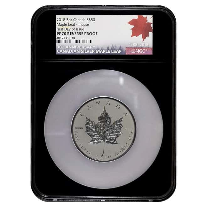 2018 3 oz Canadian Silver Maple Leaf Reverse Proof Coin NGC PF 70 FDOI