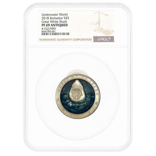 2018 Barbados 3 oz Underwater World Great White Shark Antiqued Silver Coin NGC PF 69