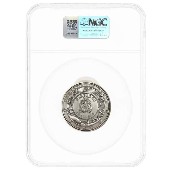 2018 Barbados 3 oz Underwater World Great White Shark Antiqued Silver Coin NGC PF 69
