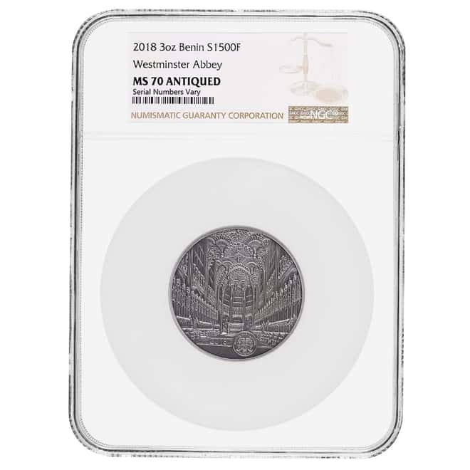 2018 Benin 3 oz Silver Westminster Abbey Antiqued Coin NGC MS 70