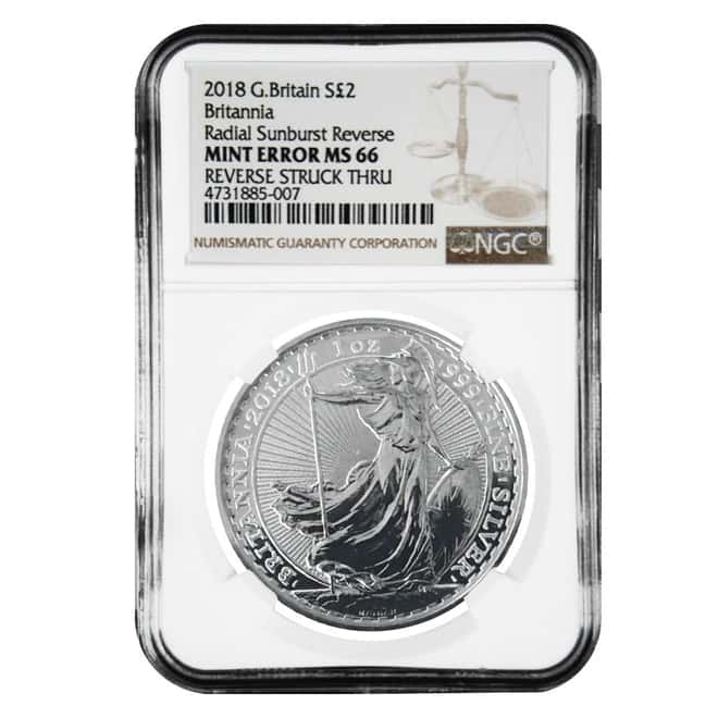 2018 Great Britain 1 oz Silver Britannia Coin NGC MS 66 Mint Error (Rev Struck Thru)