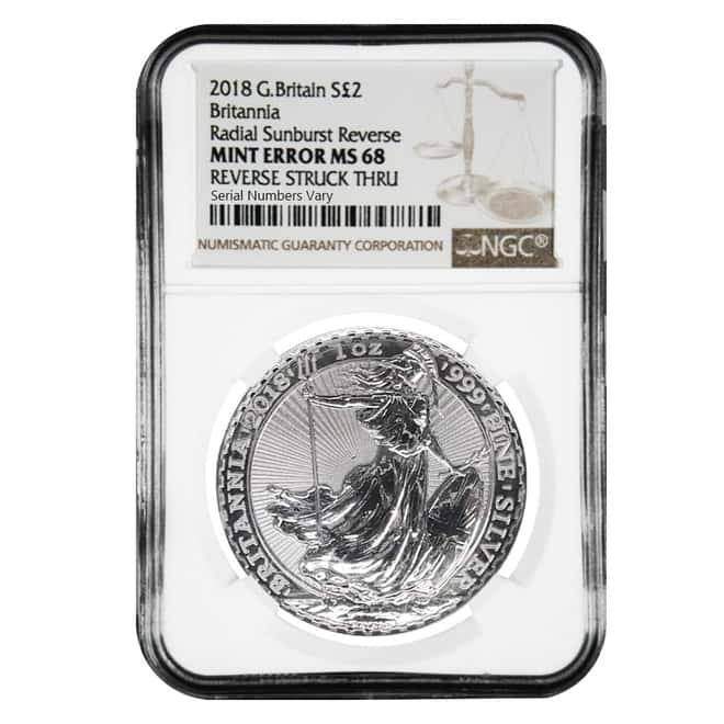 2018 Great Britain 1 oz Silver Britannia Coin NGC MS 68 Mint Error (Rev Struck Thru)