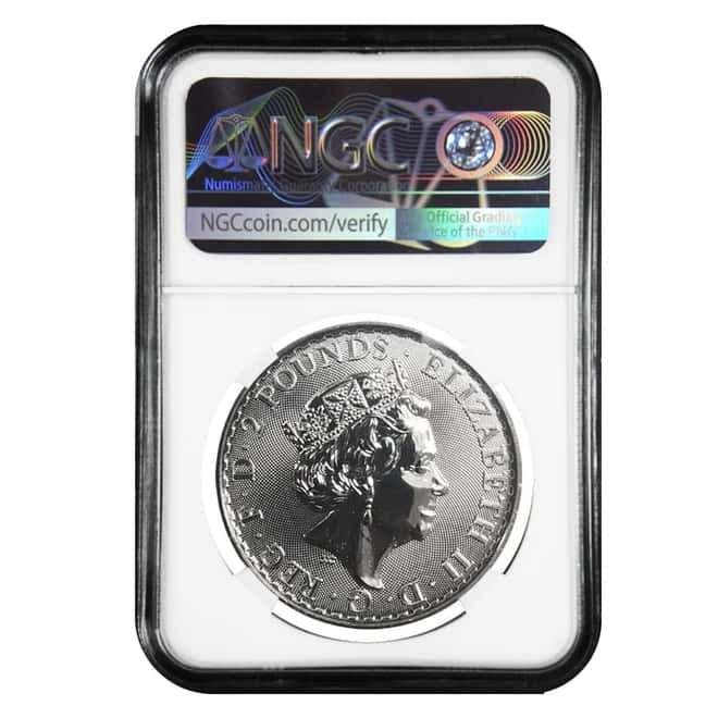 2018 Great Britain 1 oz Silver Britannia Coin NGC MS 69 Mint Error (Rev Struck Thru)