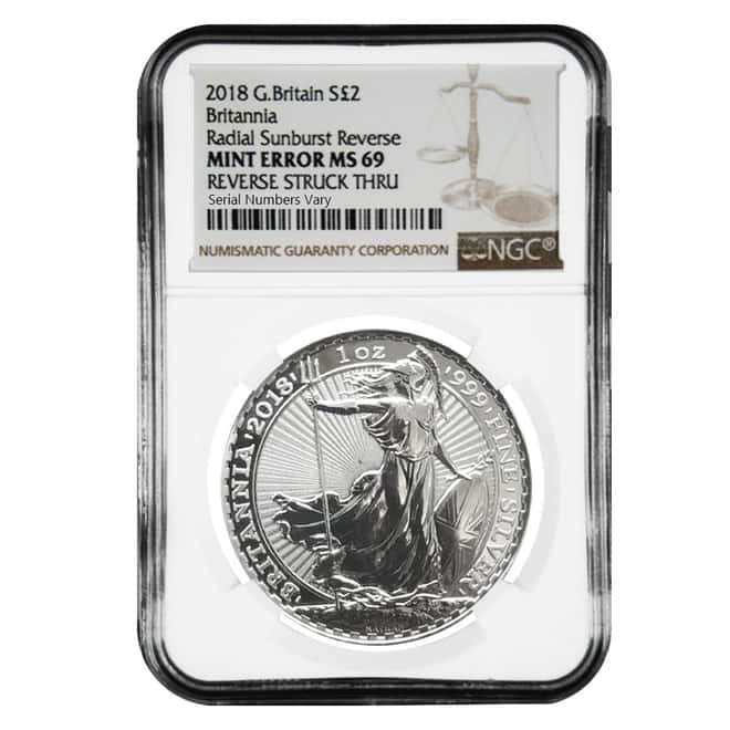 2018 Great Britain 1 oz Silver Britannia Coin NGC MS 69 Mint Error (Rev Struck Thru)