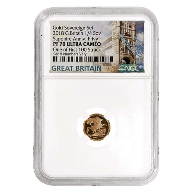 2018 Great Britain Proof Gold British Quarter Sovereign Sapphire Anniv. Privy NGC PF 70 UCAM