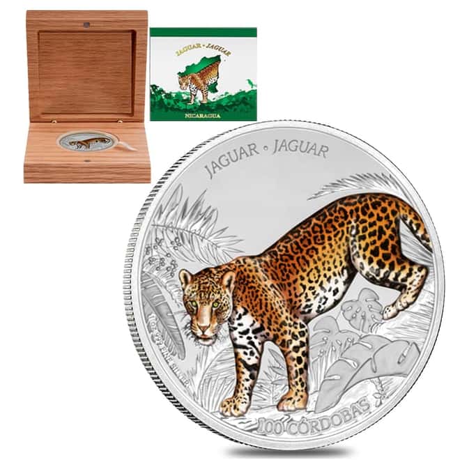 2018 Nicaragua 1 oz Silver Jaguar Proof Colorized $1 Coin (w/Box & COA)