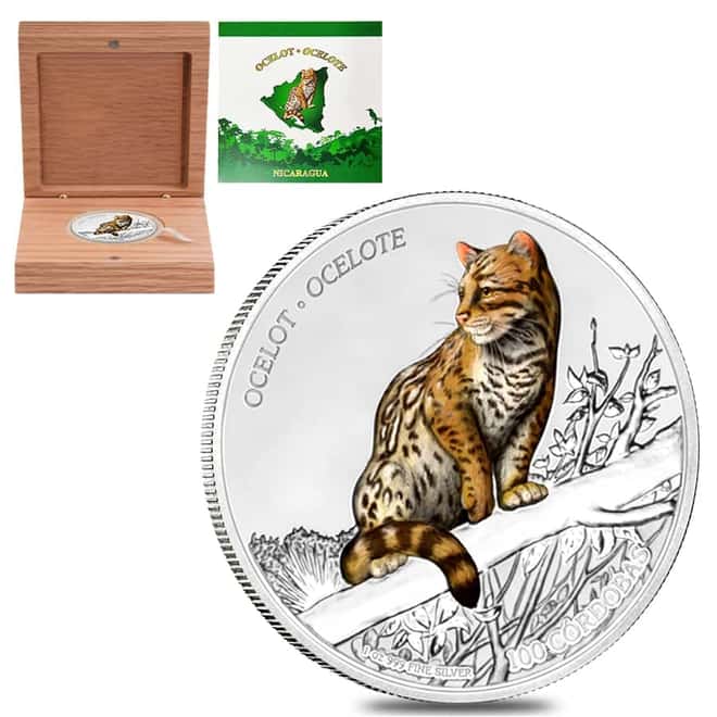 2018 Nicaragua 1 oz Silver Ocelot Proof Colorized $1 Coin (w/Box & COA)