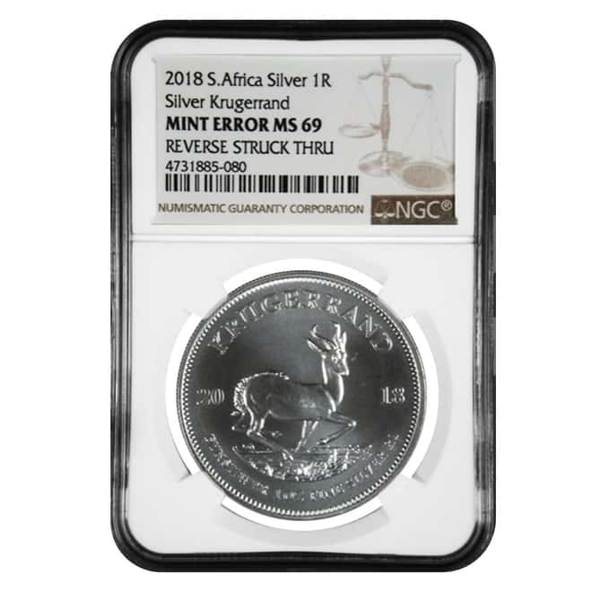2018 South Africa 1 oz Silver Krugerrand NGC MS 69 Mint Error (Rev Struck Thru)