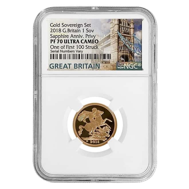 2018 Great Britain Proof Gold British Sovereign Sapphire Anniv. Privy NGC PF 70 UCAM