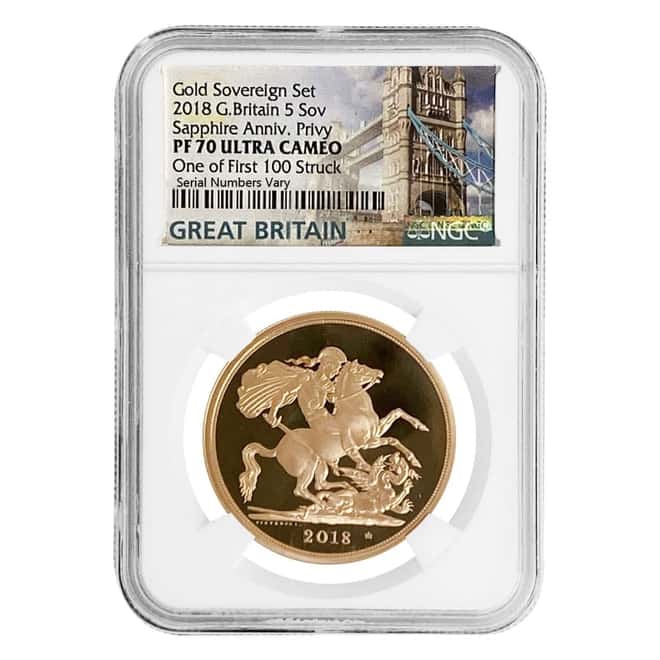 2018 Great Britain Proof Gold British 5 Sovereign Sapphire Anniv. Privy NGC PF 70 UCAM
