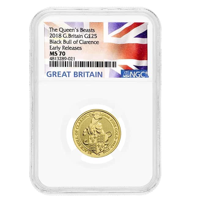 2018 Great Britain 1/4 oz Gold Queen's Beasts Black Bull of Clarence NGC MS 70 ER