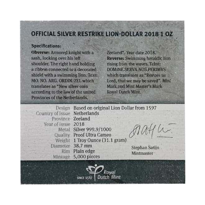 2018 Netherlands 1 oz Proof Silver Lion Dollar NGC PF 70 UCAM FDOI Retro (w/ Box & COA)