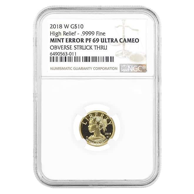 2018 W 1/10 oz $10 American Liberty Proof Gold Coin NGC PF 69 Mint Error (Obv Struck Thru)