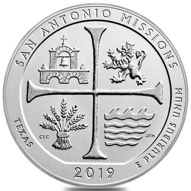 2019-P 5 oz Silver America the Beautiful ATB Texas San Antonio Missions Historical Park Unc Coin
