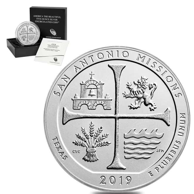 2019-P 5 oz Silver America the Beautiful ATB Texas San Antonio Missions Historical Park Unc Coin