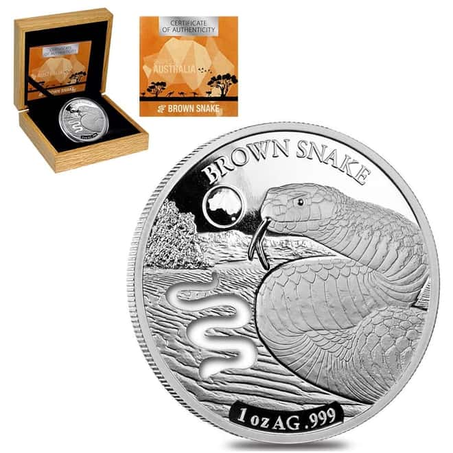 2019 1 oz Silver Brown Snake - Shapes of Australia Solomon Islands $5 Coin .999 Fine (w/Box & COA)
