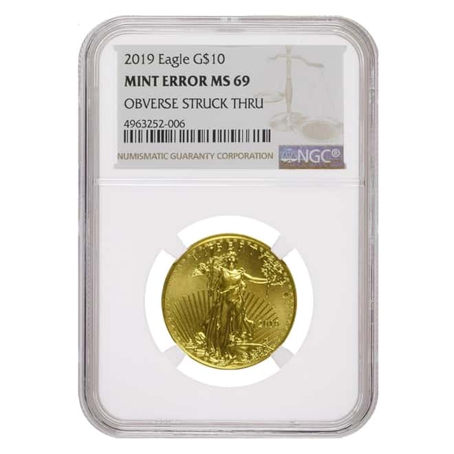 2019 1/4 oz $10 Gold American Eagle NGC MS 69 Mint Error (Obv Struck Thru)