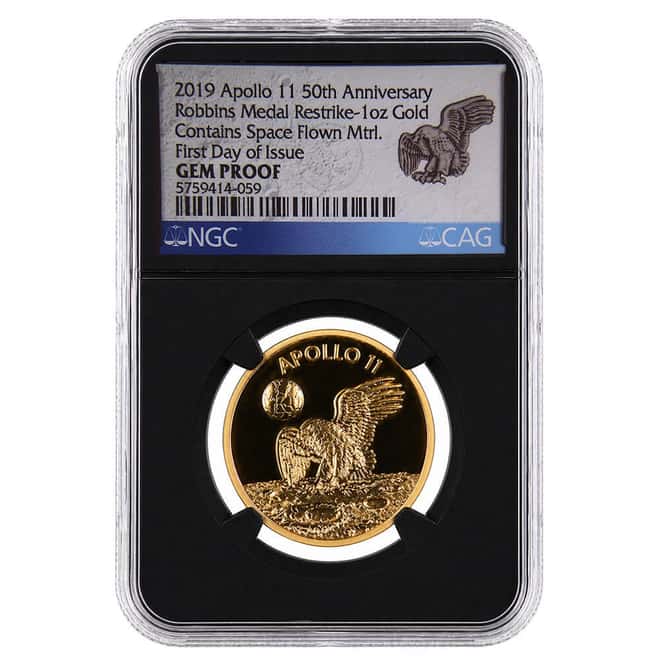 2019 1 oz Apollo 11 50th Ann. Robbins Gold Medal Restrike Space Flown Material NGC Gem Proof FDOI