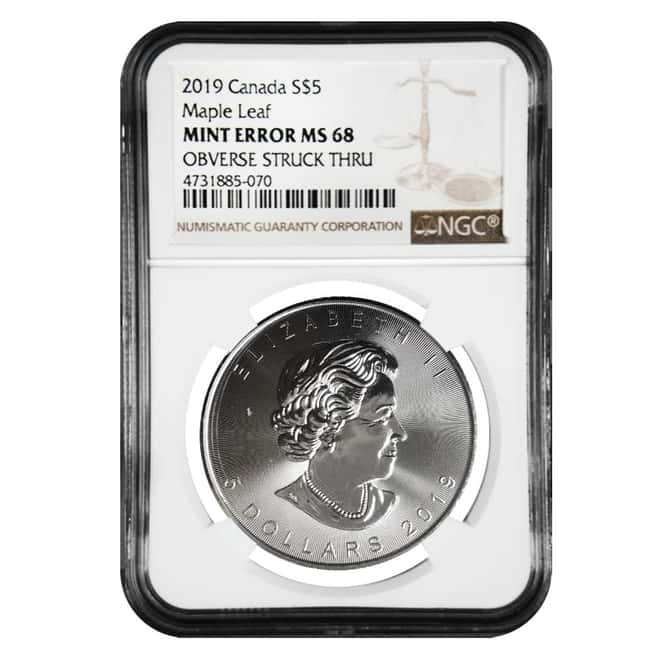 2019 1 oz Canadian Silver Maple Leaf NGC MS 68 Mint Error (Obv Struck Thru)