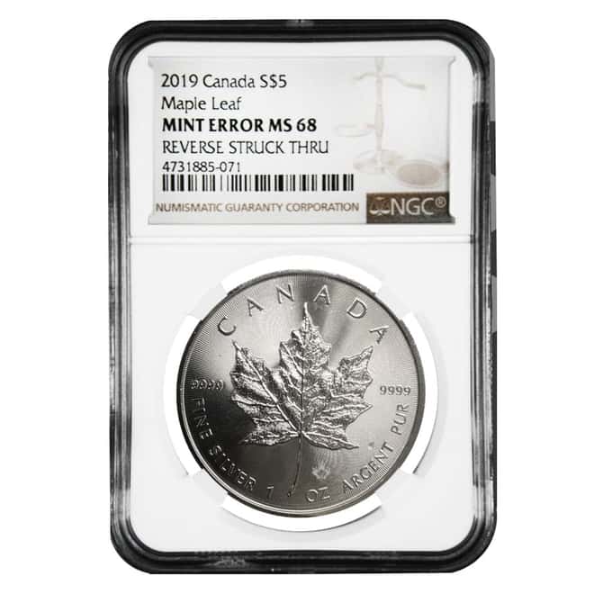 2019 1 oz Canadian Silver Maple Leaf NGC MS 68 Mint Error (Rev Struck Thru)