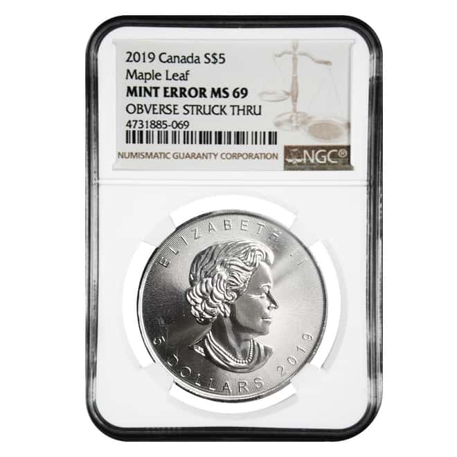 2019 1 oz Canadian Silver Maple Leaf NGC MS 69 Mint Error (Obv Struck Thru)