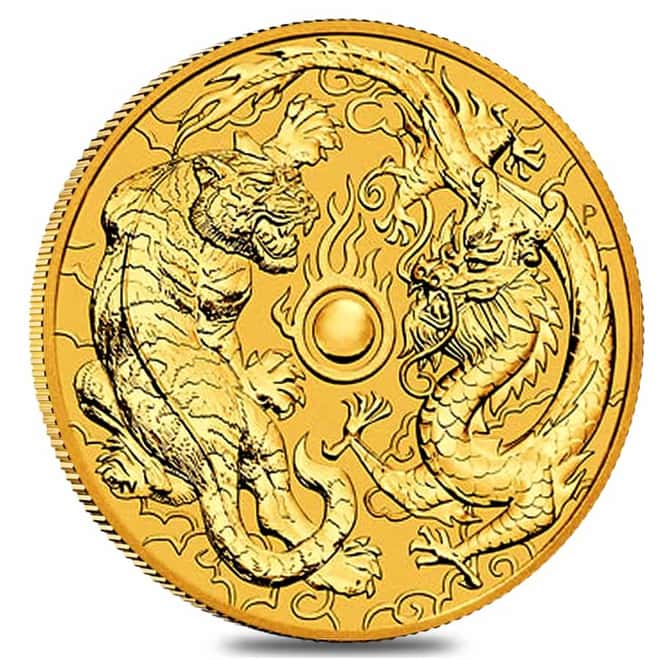 2019 1 oz Gold Australian Dragon & Tiger Coin $100 BU Perth Mint In Cap