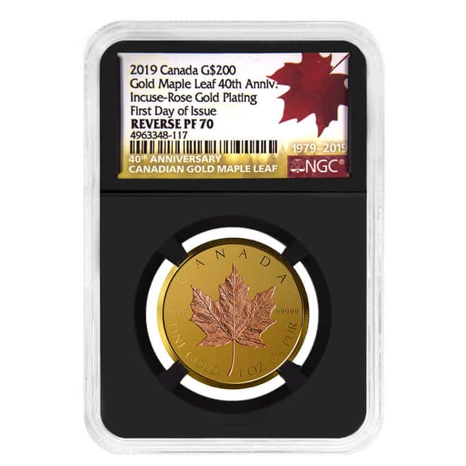2019 1 oz Incuse Canadian Rose Gold Maple Leaf $200 Coin NGC PF 70 FDOI