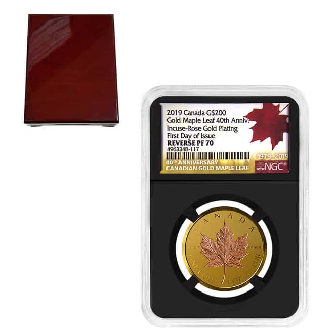 2019 1 oz Incuse Canadian Rose Gold Maple Leaf $200 Coin NGC PF 70 FDOI