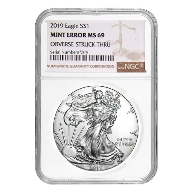 2019 1 oz Silver American Eagle NGC MS 69 Mint Error (Obv Struck Thru)