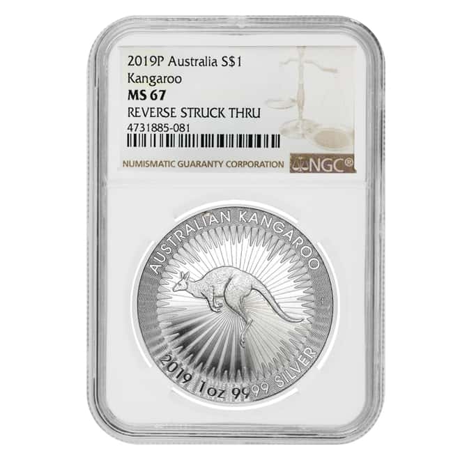 2019 1 oz Silver Australian Kangaroo NGC MS 67 Mint Error (Rev Struck Thru)