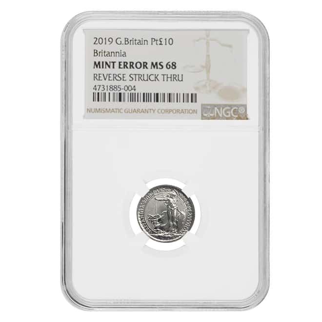 2019 Great Britain 1/10 oz Platinum Britannia Coin NGC MS 68 Mint Error (Rev Struck Thru) 