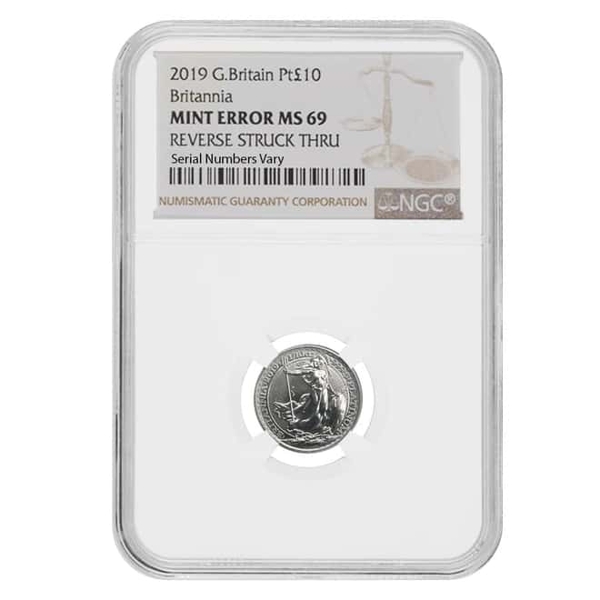 2019 Great Britain 1/10 oz Platinum Britannia Coin NGC MS 69 Mint Error (Rev Struck Thru)