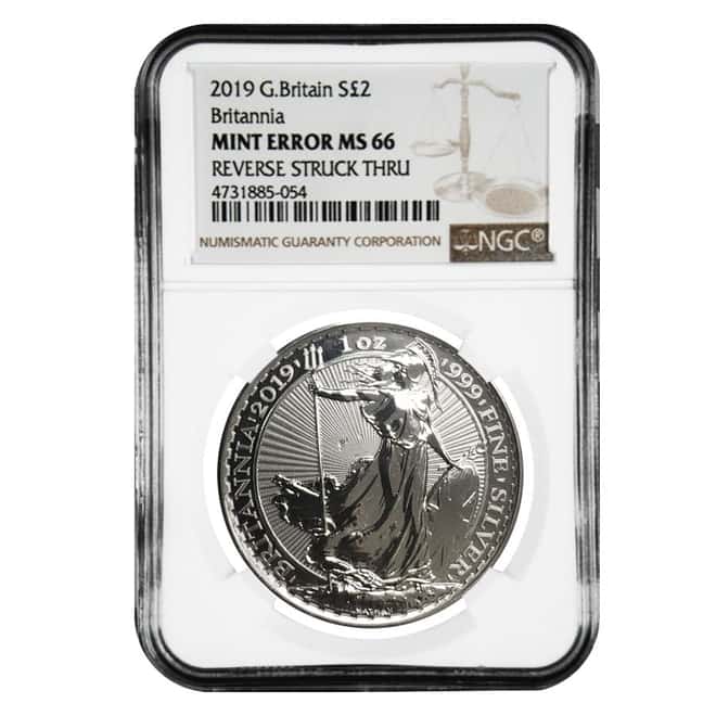 2019 Great Britain 1 oz Silver Britannia Coin NGC MS 66 Mint Error (Rev Struck Thru)