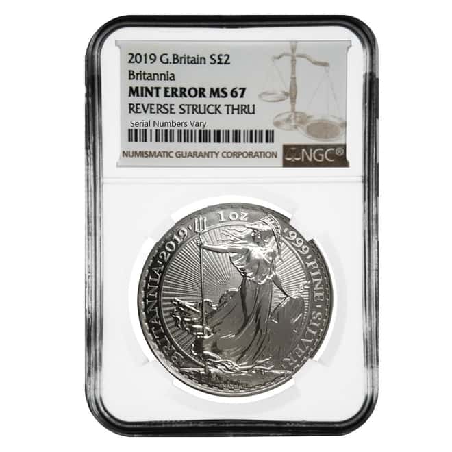 2019 Great Britain 1 oz Silver Britannia Coin NGC MS 67 Mint Error (Rev Struck Thru)