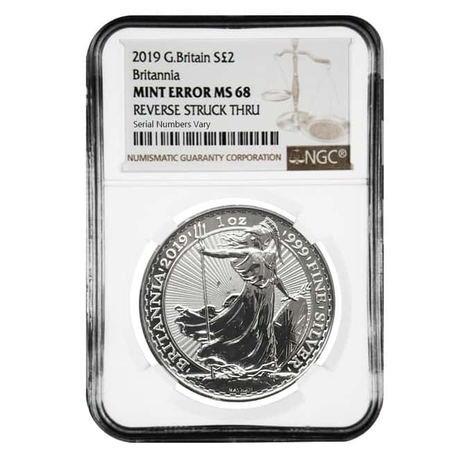 2019 Great Britain 1 oz Silver Britannia Coin NGC MS 68 Mint Error (Rev Struck Thru)